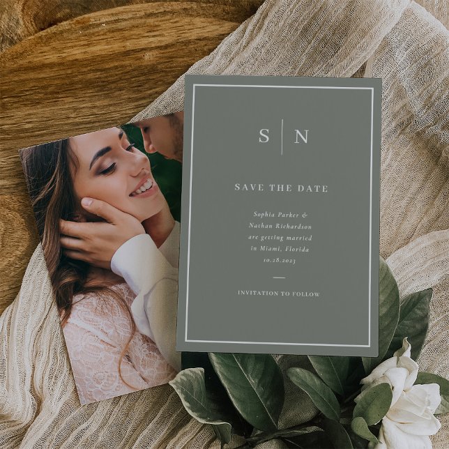Reserve A Data Mínimo e Chic | Verde Sage e Branco com Foto (An elegant sage green save the date card, with your favorite photo of the two of you on the back)