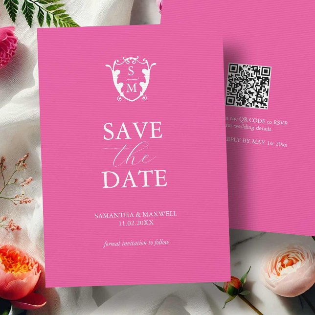 Reserve A Data Mínimo Rosa Vibrante Moderno Salve A Data (bold fuchsia pink custom monogram wedding save the date with QR code)