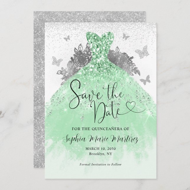 Reserve A Data Mint Green Silver Dress Mis Quince Quinceañera (Frente/Verso)