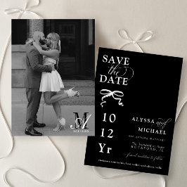 Reserve A Data Modern Black and White Bow Photo Monogram Wedding
