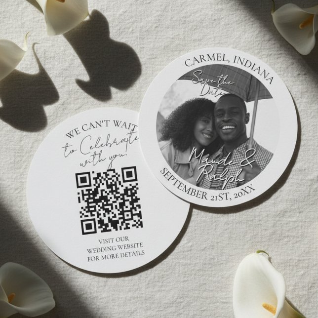 Reserve A Data Modern Black and White Circle Photo Save the Date (Invite guests to mark their calendars with this Modern Black and White Circle Photo Save the Date! )