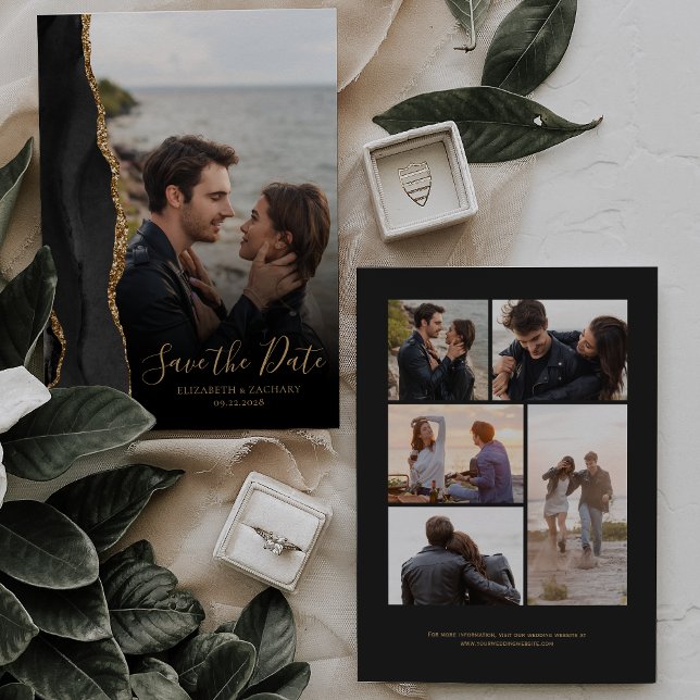 Reserve A Data Modern Black Dourado Agate 6-Photo Salve a placa d (Criador carregado)