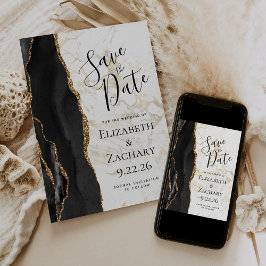 Reserve A Data Modern Black Gold Agate Marble Save the Date