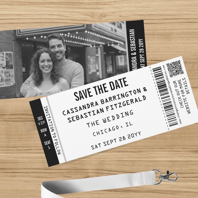 Reserve A Data Modern Black White Concert Ticket Photo QR Wedding (Concert Ticket Save the Date for Your Music Themed Wedding. Your photo on the back and QR code.)