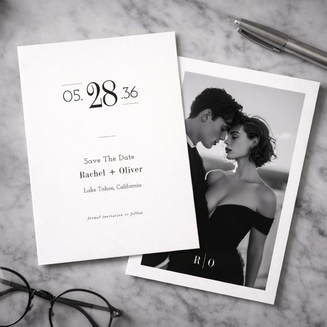 Reserve A Data Modern Black & White Editorial Photo Save the Date (Criador carregado)