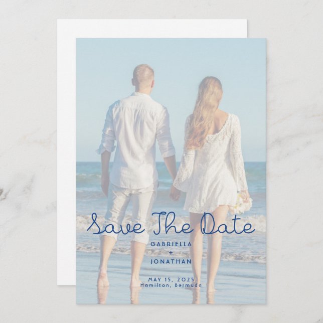 Reserve A Data Modern Blue Handwritten Wedding Photo  (Frente/Verso)