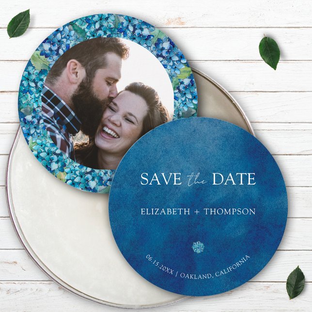Reserve A Data Modern Blue Hydrangea Round Wedding (Criador carregado)