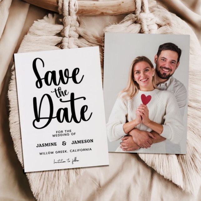 Reserve A Data Modern Bold Casual Red Script Photo Wedding Retro (Criador carregado)