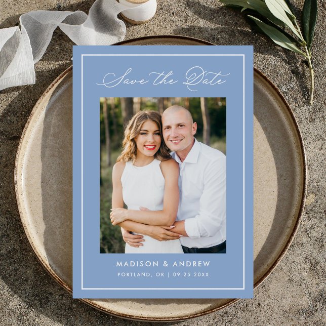 Reserve A Data Modern Border Script Blue Photo Wedding (Criador carregado)