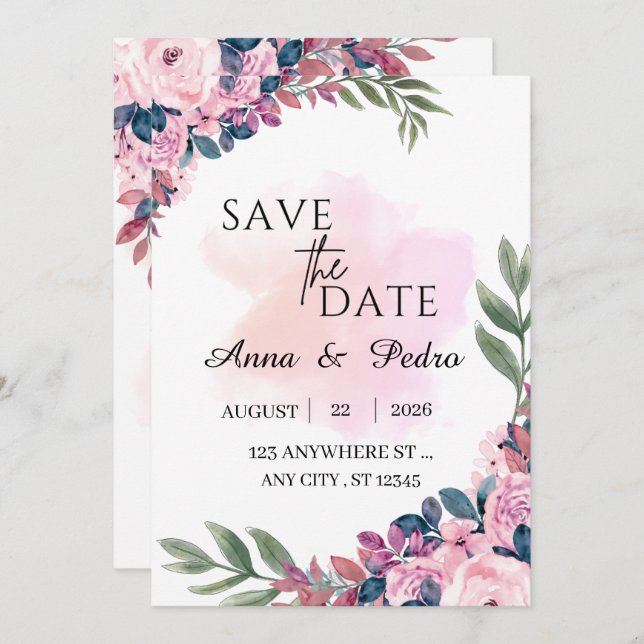 Reserve A Data Modern Botanical Wedding Announcement Template (Frente/Verso)