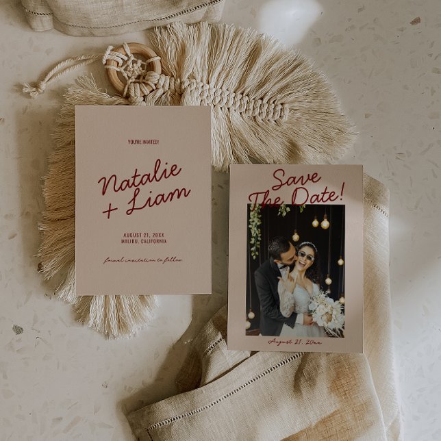 Reserve A Data Modern Burgundy Cream Whimsical Photo Wedding  (Criador carregado)