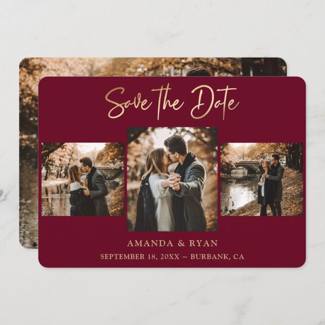 Reserve A Data Modern Burgundy e Gold Foil Weding 4 Foto (Frente/Verso)