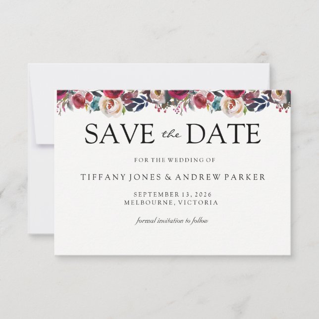Reserve A Data Modern Burgundy Floral salva o casamento (Frente)