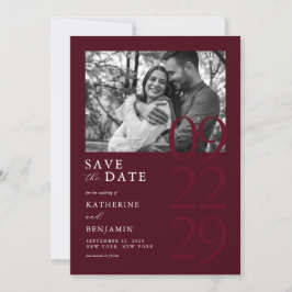 Reserve A Data Modern Burgundy Minimalist Photo Wedding