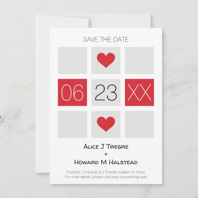 Reserve A Data Modern Checkerboard Wedding Date Names in Red (Frente)