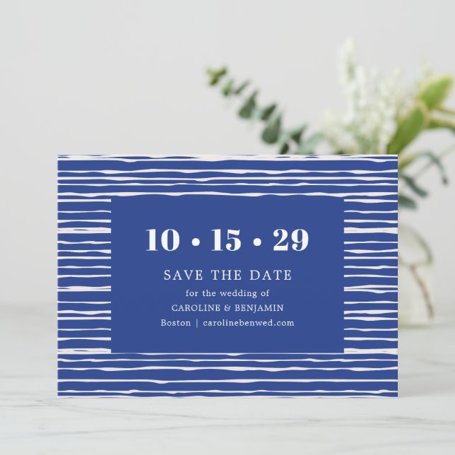Reserve A Data Modern Coastal Blue Stripe Wedding (Em pé/Frente)
