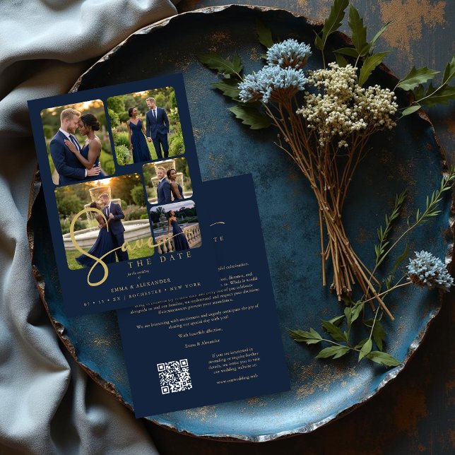 Reserve A Data Modern Collage 5-Photo Wedding Navy Blue (Modern Collage Wedding 5-Photos Navy Blue & Faux Gold Script Typography Save the Date Card Design.)