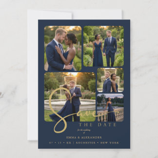 Reserve A Data Modern Collage 5-Photo Wedding Navy Blue