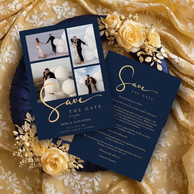Reserve A Data Modern Collage Wedding Navy Blue & Faux Gold Scrip (Modern Collage Wedding Navy Blue & Faux Gold Script Typography Save the Date Card with Envelope.)