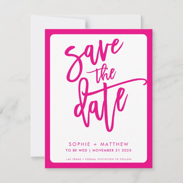 Reserve A Data MODERN couple script lettering fushcia pink border (Frente)