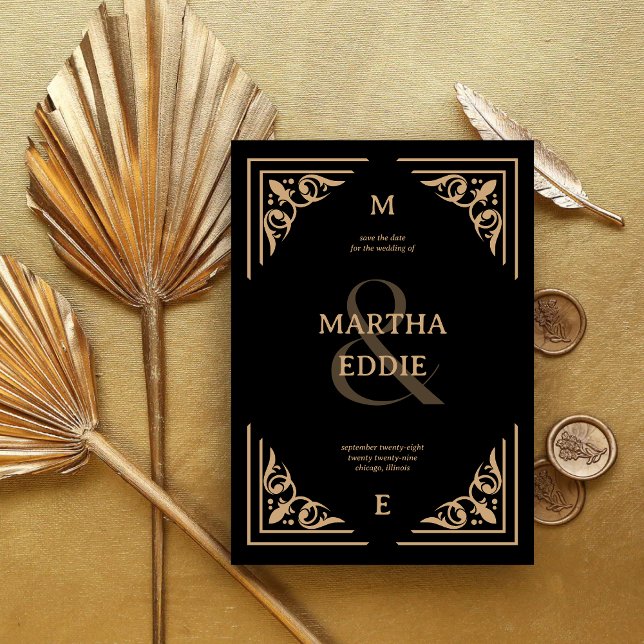 Reserve A Data Modern Deco | Black and Gold Photo Back Wedding (Criador carregado)