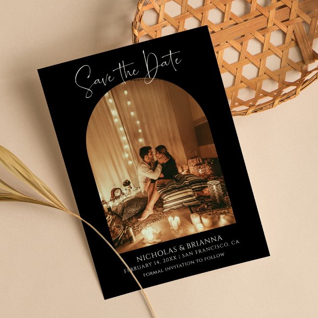 Reserve A Data Modern Elegant Arch Photo Black White Boho Wedding (Criador carregado)