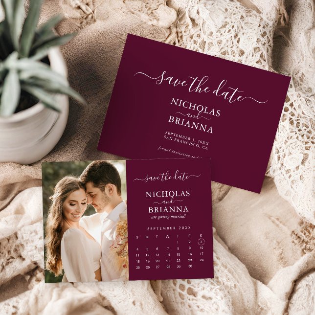 Reserve A Data Modern Elegant Photo Calendar Burgundy Wedding (Criador carregado)