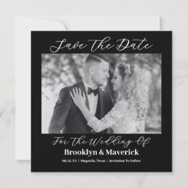 Reserve A Data Modern Elegant Script Black White Wedding Photo