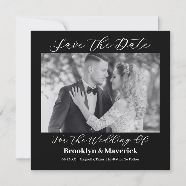 Reserve A Data Modern Elegant Script Black White Wedding Photo (Frente)