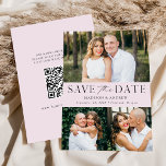 Reserve A Data Modern Lavender Purple 3 Photo QR Code<br><div class="desc">Elegant, multi-photo save the date featuring "Save the Date" displayed in black lettering with a light purple background. Personalize the modern QR save the date card with 3 of your favorite photos, your names, wedding date, and wedding location. The lavender save the date reverses to display your custom QR code...</div>