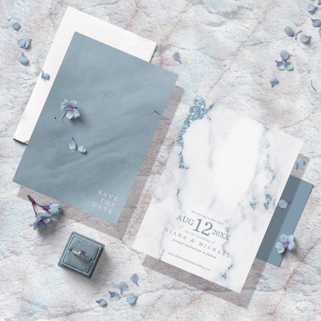 Reserve A Data Modern Marble Glitter Wedding Dusty Blue ID816 Sav (Criador carregado)