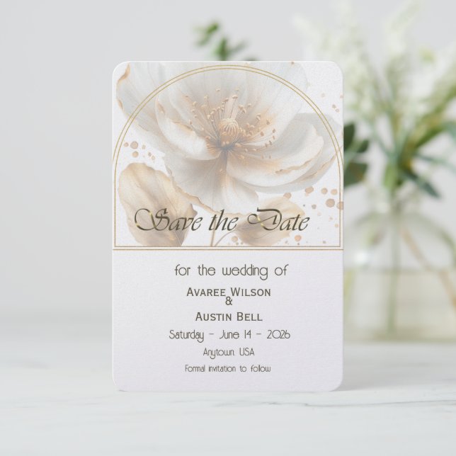 Reserve A Data Modern Minimalist Gold and White Wedding (Em pé/Frente)