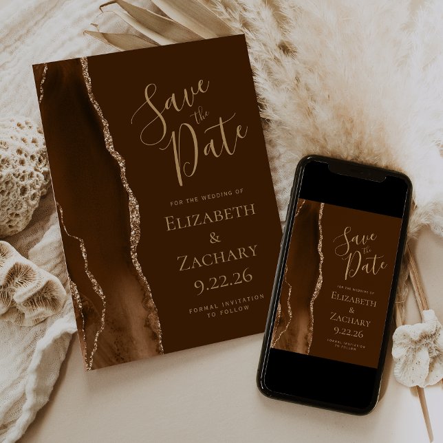 Reserve A Data Modern Mocha Gold Agate Brown Save the Date (Criador carregado)