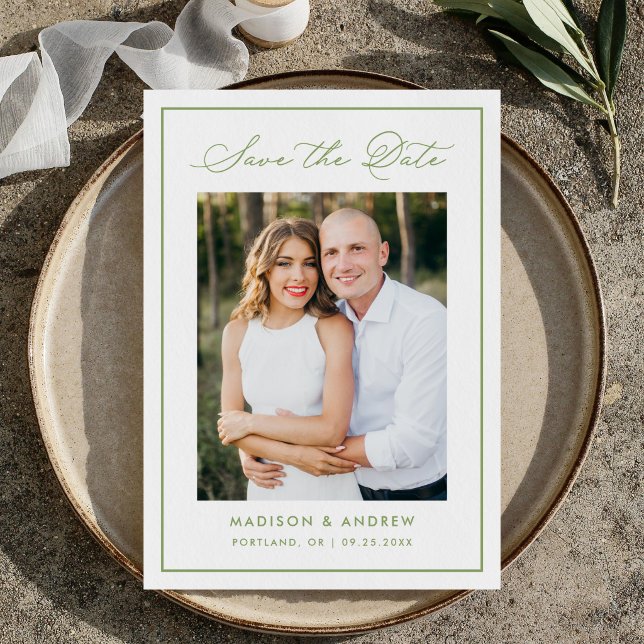 Reserve A Data Modern Olive Green Border Script Photo Wedding (Criador carregado)