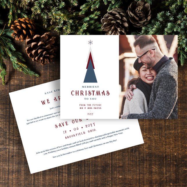 Reserve A Data Modern Original Christmas Tree Photo Couple (Modern Original Christmas Tree with Photo Holiday Card with Envelope as a Wedding Save the Date. )