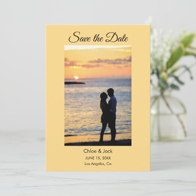 Reserve A Data Modern Photo Yellow Orange Save The Date Card (Em pé/Frente)