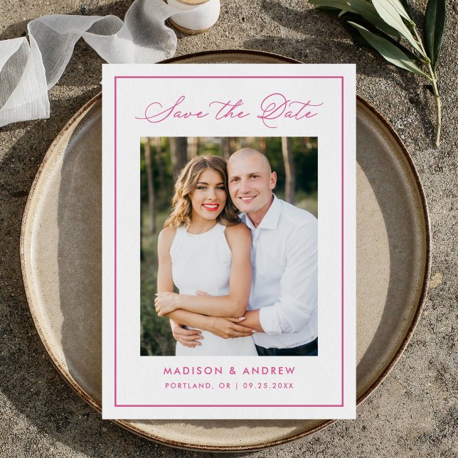 Reserve A Data Modern Pink Border Script Photo Wedding (Criador carregado)