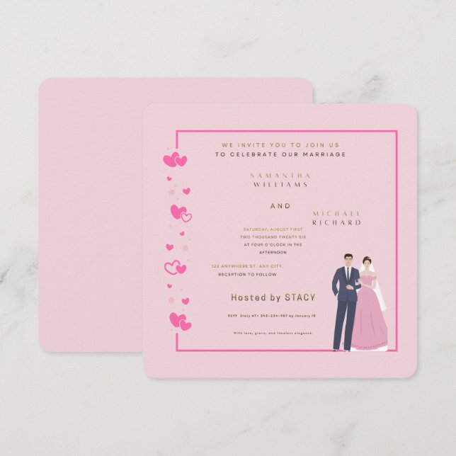 Reserve A Data Modern Pink Heart Wedding Invitation - Customizabl (Frente/Verso)