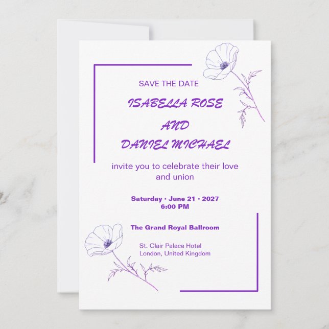 Reserve A Data Modern Purple Line Art  Save the Date Wedding Card (Frente)
