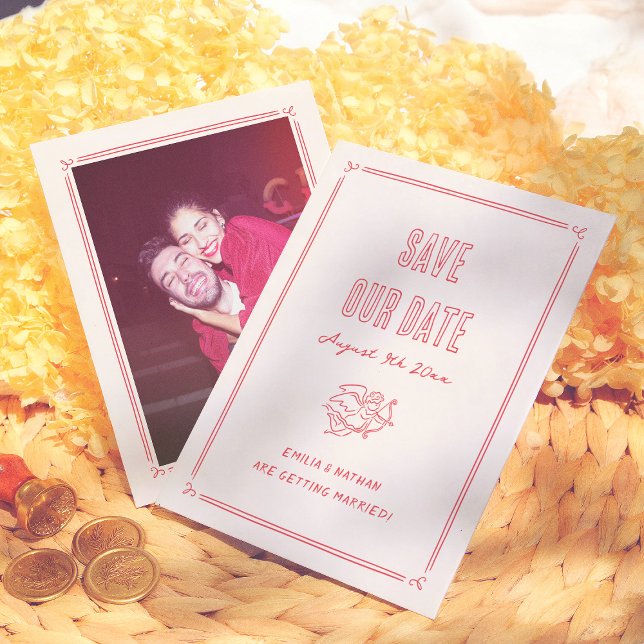 Reserve A Data Modern Quirky Retro Hand Drawn Cupid Photo Wedding (Criador carregado)