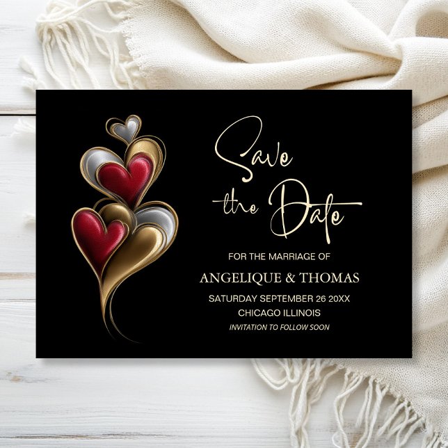 Reserve A Data Modern Red and Gold Hearts Wedding Save the Date (Criador carregado)