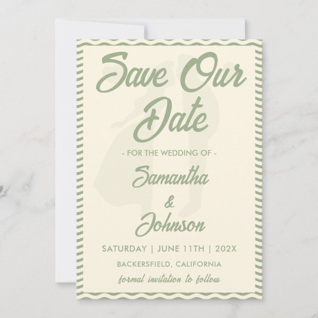 Reserve A Data Modern Sage Green Wavy Stripe Photo Wedding (Frente)
