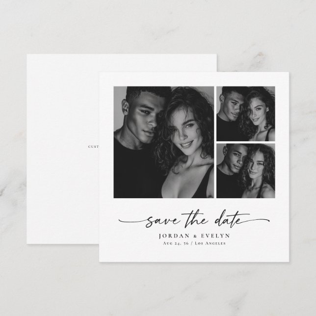 Reserve A Data Modern Script Black & White 3 Photo Save the Date (Frente/Verso)