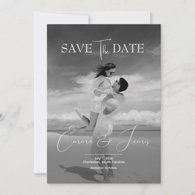 Reserve A Data Modern Script Elegant Greyscale Wedding Photo (Frente)
