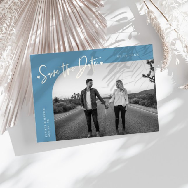 Reserve A Data Modern Script Heart Denim Blue Curved Frame Photo (Criador carregado)