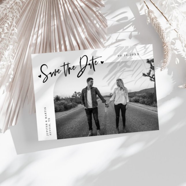 Reserve A Data Modern Script Heart White Curved Frame Photo (Criador carregado)