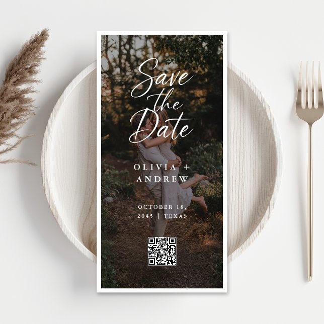 Reserve A Data Modern Script QR Code Photo Bookmark Save the Date (Criador carregado)