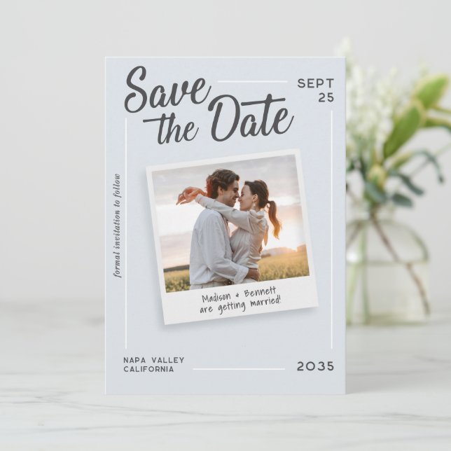 Reserve A Data Modern Script Save the Date Retro Photo Wedding (Em pé/Frente)