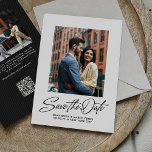 Reserve A Data Modern stylish script two photo<br><div class="desc">This stylish save the date features a retro inspired script "save the date" under a single photo on a beige background along with simple custom text. The back of this modern save the date has a coordinating black stripe along with a horizontal photo, room for a custom message and a...</div>