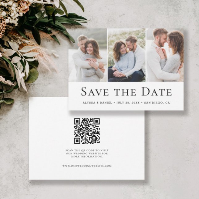 Reserve A Data Modern Three Photo Wedding website QR Code  (Custom 3 photo simple, minimalist, modern save the date QR code wedding website card.)